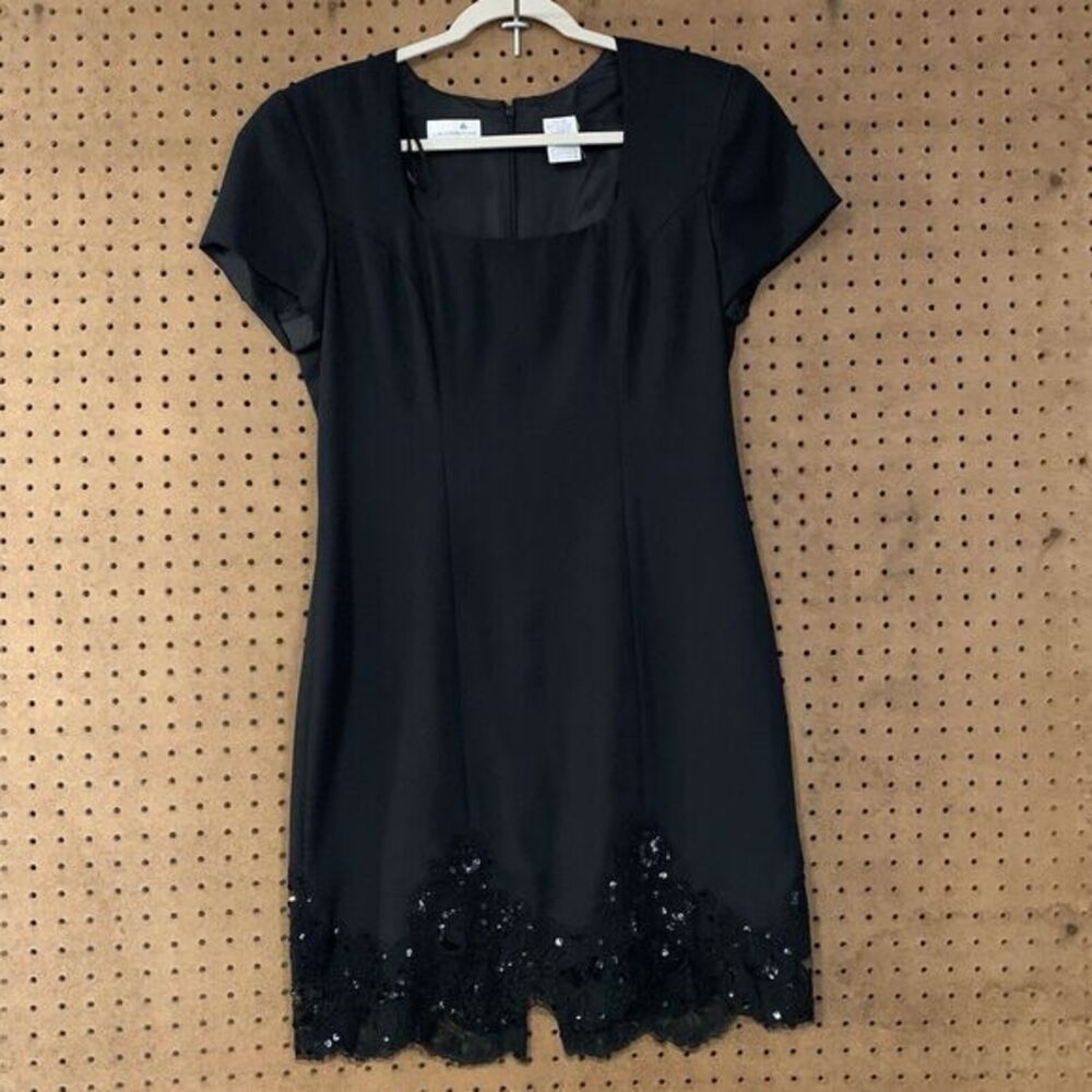 Liz‎ Claiborne Lizwear Little Black Dress Formal Lace Hem Midi 90s 80s Glam 10